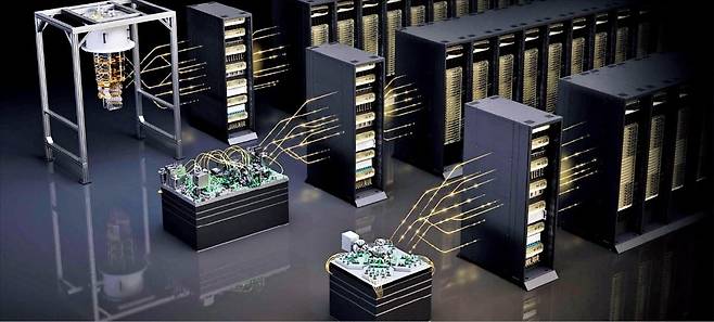 엔비디아가 최근 공개한 GPU와 양자 컴퓨팅 연결 시스템 ‘NVQ링크’ 개념도. 왼쪽 상단에 양자컴 고유 설비인 프릿지가 보인다. /엔비디아 제공