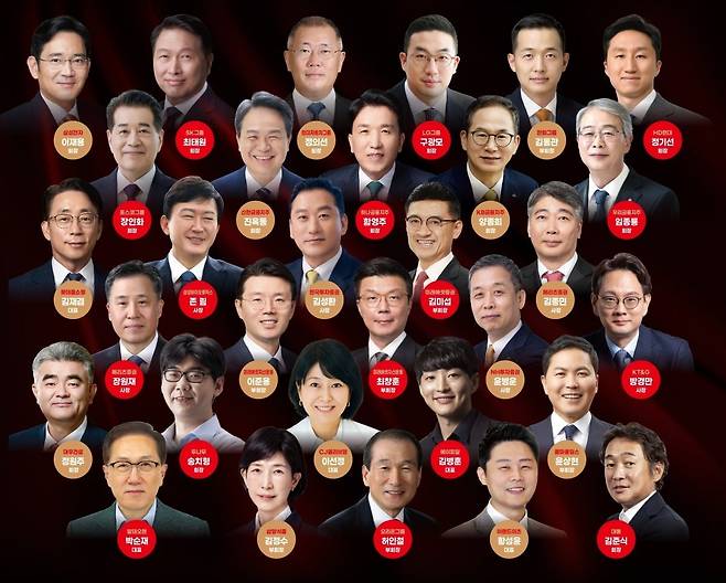 한경비즈니스 선정 [2025 올해의 CEO] . 
이재용 삼성전자 회장·최태원 SK그룹 회장·정의선 현대자동차그룹 회장·구광모 LG그룹 회장·김동관 한화그룹 부회장·정기선 HD현대 회장·장인화 포스코그룹 회장·진옥동 신한금융지주 회장·함영주 하나금융지주 회장·양종희 KB금융지주 회장·임종룡 우리금융지주 회장·김재겸 롯데홈쇼핑 대표·존 림 삼성바이오로직스 사장·김성환 한국투자증권 사장·김미섭 미래에셋증권 부회장·김종민 메리츠증권 사장·장원재 메리츠증권 사장·이준용 미래에셋자산운용 부회장·최창훈 미래에셋자산운용 부회장·윤병운 NH투자증권 사장·방경만 KT&G 사장·정원주 대우건설 회장·송치형 두나무 회장·이선정 CJ올리브영 대표·김병훈 에이피알 대표·윤상현 콜마홀딩스 부회장·박순재 알테오젠 대표·김정수 삼양식품 부회장·허인철 오리온그룹 부회장·황성윤 이랜드이츠 대표·김준식 대동 회장. (무순) 그래픽=박명규 기자