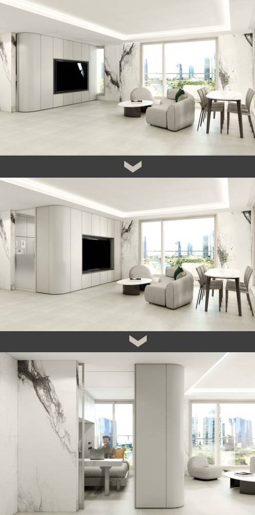 ‘H트랜스포밍 월&퍼니처Ⅲ’ 시스템으로 거실 벽을 이동해 매립된 가구를 꺼내 활용하는 이미지. 현대건설 제공