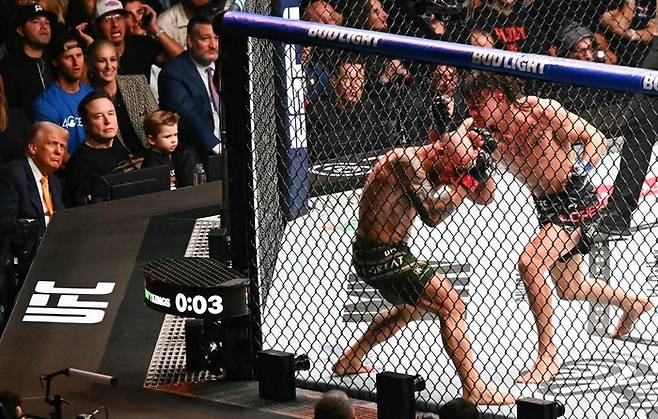도널드 트럼프 미국 대통령이 일론 머스크와 함께 2025년 4월 13일 플로리다 마이애미의 카세야 센터에서 열린 UFC 314에서 호주 파이터 알렉산더 볼카노프스키와 브라질 파이터 디에고 로페스(오른쪽)의 페더급 경기를 지켜보고 있다. AFP연합뉴스