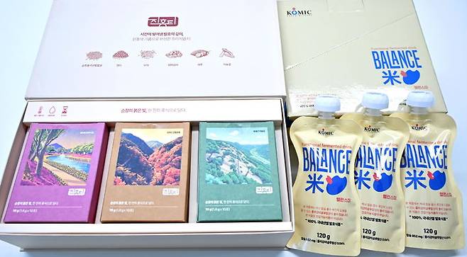 [순창=뉴시스] 순창홍국쌀을 이용해 만든 제품 '진홍티(왼쪽)'와 '밸런스미(오른쪽)'. *재판매 및 DB 금지