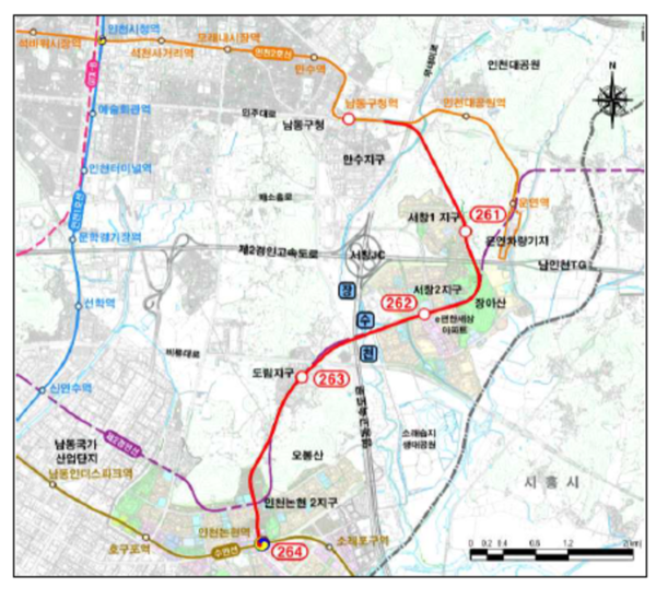 제2차 인천도시철도망구축계획(안)에 반영돼 승인을 앞둔 인천2호선 논현연장선 노선도. 1차 구축계획 변경안부터 계획이 확정됐는데, 제2경인선 연계 문제로 2차 계획을 수립하는 과정에서 순위가 다섯 번째로 밀렸다. [사진=경인방송DB]&nbsp;