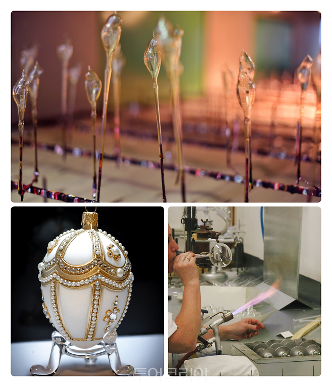 글라소르(GLASSOR)사의 장식 제작 장면 건조 과정(위), 오즈도바(OZDOBA)사의 크리스마스 장식(아래 좌측) 글라소르(GLASSOR)사의 장식 제작 장면 유리 불기 과정(아래, 우측)/사진-서울역사박물관