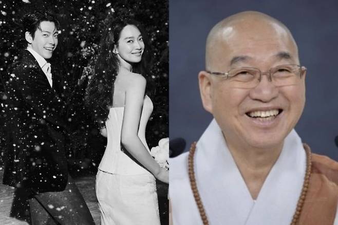 왼쪽부터 신민아-김우빈 부부와 법륜스님. 에이엠엔터테인먼트 법륜스님 인스타그램