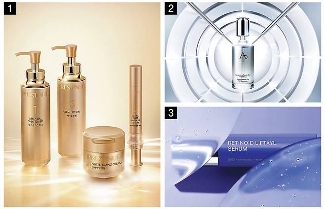 국내 화장품 업체들이 선보인 노화 관리 제품들. ① LG생활건강의 인상 안티에이징 브랜드 ‘프레스티뉴’. ② 아모레퍼시픽의 에이피 뷰티 ‘리쥬브네이팅 부스터 샷 M.D. 세럼’. ③ 삼양사 더마 바이오 코스메틱 브랜드 메디앤서의 ‘레티노이드 리프트실 세럼’. 각 사 제공