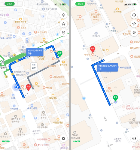 크리스마스를 이틀 앞두고 딸기시루가 출시된 23일 대전 중구 성심당 일대에 빵을 사려는 고객들이 길게 줄을 이었다. 오후 4시 현재 '말차시루'를 구매하는 줄(왼쪽)과 '딸기시루'를 구매하는 줄이 성심당 케이크부띠끄와 로쏘건물로 이어진 걸 지도로 표기했다. /사진=네이버 지도 캡처