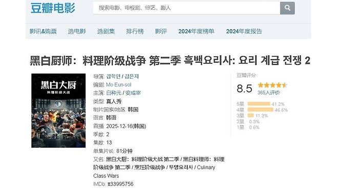 중국 최대 리뷰 사이트 더우반에 만들어진 '흑백요리사2' 페이지 (사진, 서경덕 성신여대 교수 SNS)