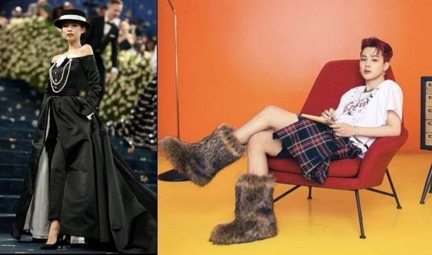 제니의 멧갈라 패션과 치마와 퍼부츠를 신은 BTS 지민. 사진=SNS
