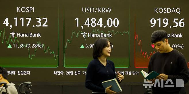 [서울=뉴시스] 정병혁 기자 = 23일 서울 중구 하나은행 딜링룸에서 직원들이 업무를 보고 있다.이날 코스피는 전 거래일(4105.93)보다 11.39포인트(0.28%) 오른 4117.32에, 코스닥 지수는 전 거래일(929.14)보다 9.58포인트(1.03%) 하락한 919.56에 거래를 종료했다.서울 외환시장에서 원·달러 환율은 전 거래일(1480.1원)보다 3.5원 오른 1483.6원에 주간 거래를 마감했다. 2025.12.23. jhope@newsis.com