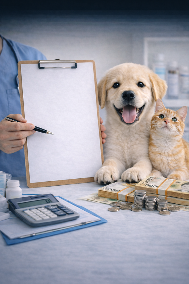 동물병원 진료 현장에서 반려견과 반려묘가 보호자와 함께 대기하고 있다. 농림축산식품부 조사 결과, 대구와 경북은 반려동물 진료 단계에 따라 의료비 부담 양상이 다른 것으로 나타났다.<챗지피티 생성>