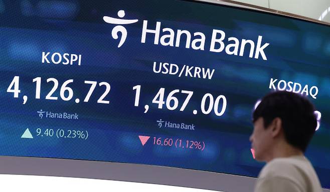 24일 오전 서울 중구 하나은행 딜링룸 전광판에 지수가 표시되고 있다.(사진=뉴시스)