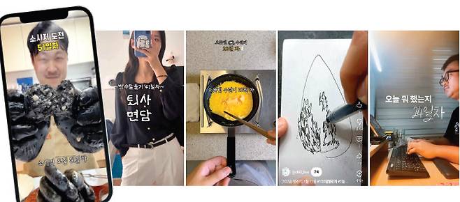 (왼쪽부터)김보보(@kimbobo)의 소시지 만들기 계정. 이 영상은 조회수 265만 회를 기록했다. @wooom.zip, @cookingbird_, @chill_hae_v, @happymuksyear의 N일 차 영상. 취업, 요리, 그림 등 다양한 주제의 도전을 담았다.