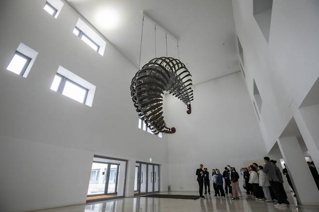 워크숍 참가자들이 포르투갈 출신 건축가 알바로 시자가 설계한 아모레퍼시픽 R&I 센터 내부를 둘러보고 있다. 연구 공간 곳곳에는 연구원들의 창의적 사고를 자극하기 위한 예술 작품이 배치돼 있다. 남윤중 제공&nbsp;