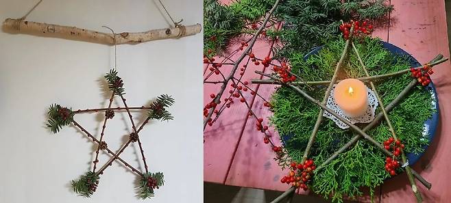 인천녹색연합의 ‘자연물로 만든 크리스마스 장식’ 강좌에 참여한 시민들이 제작한 크리스마스 장식물. [인천녹색연합 제공]