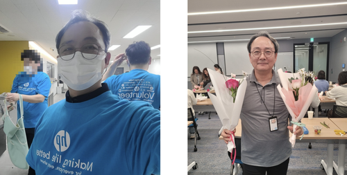 지난 3월 8일 세계 여성의날을 맞아 HP프린팅코리아에서 열린 사내 행사에서 김모(52)씨가 직접 만든 꽃다발을 들고 있는 모습. 김씨는 동료들과 함께 제작한 꽃다발을 부서 내 여성 직원들에게 전달했다. 당시 회사는 구성원 간 관계가 원만하고 협업 분위기가 좋다는 평가가 나올 만큼 안정적이었다. 그러나 이런 분위기와 달리, 이후 사측이 권고사직 프로그램을 시행하면서 김씨를 포함한 70여 명이 회사를 떠났고 김씨는 권고사직을 거부한 뒤 해고돼 현재 소송을 진행 중이다. /김모씨 제공