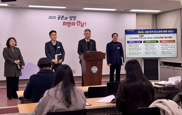 신종우 경남도 도시주택국장이 24일 도청 프레스센터에서 도시주택 분야 국비 확보 현황을 설명하고 있다. /경남도