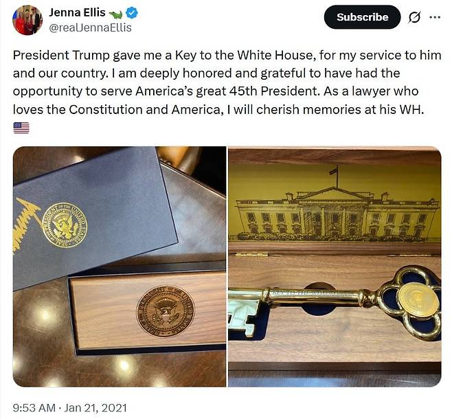 2020년 미 대선 결과를 번복하기 위해 애썼던 트럼프 캠페인의 법률 고문 제나 엘리스가 지난 1월20일 트럼프 취임식 다음날 소셜미디어에 올린 백악관 열쇠/X