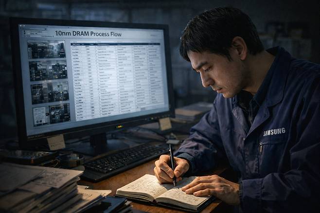 검찰이 발표한 10나노급 D램 기술 유출 사건을 재구성한 가상 일러스트. /제작=챗GPT