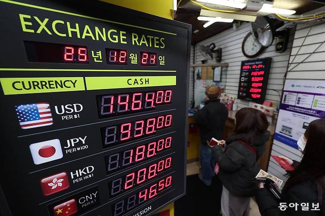 24일 서울 도심의 한 환전소에 외국인들이 환전을 위해 줄을 서 있다. 이날 외환 당국이 구두 개입에 나서며 서울 외환시장 원-달러 환율이 종가 기준 1449.8원으로 떨어지고 환전소 환율도 1460원대로 내려앉았다. 송은석 기자 silverstone@donga.com