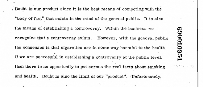한 담배회사의 경영진이 남긴 메모. “의심이 우리의 상품이다”라는 문장이 의도된 과학적 혼란을 단적으로 보여준다. UCSF Truth Tobacco Industry Documents 제공