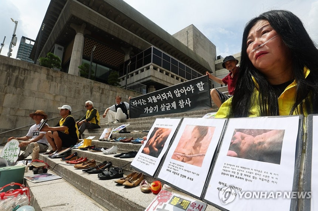 가습기살균제 참사 피해자 및 유족들과 환경보건센터 등 단체 회원들이 지난 8월 28일 서울 종로구 세종문화회관 계단에서 가습기살균제 참사 14주년 기자회견을 열고 있다. 연합뉴스