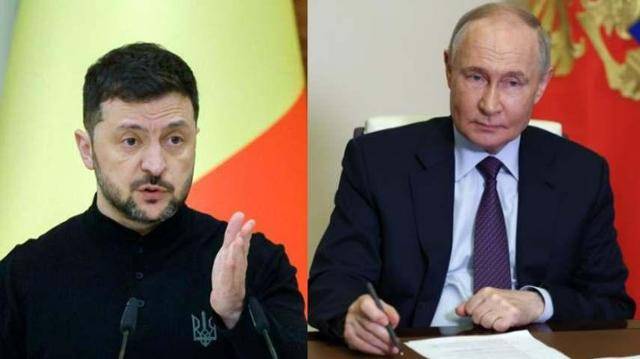 볼로디미르 젤렌스키(왼쪽 사진) 우크라이나 대통령과 블라디미르 푸틴 러시아 대통령. 크렘린궁 제공, 키이우·노보오가료보=EPA 스푸트니크 연합뉴스