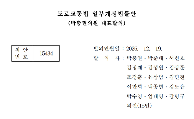 박충권 국민의힘 의원은 12월 19일 도로교통법상 주차금지 장소에 노외·부설 주차장의 출입구를 포함하는 내용의 ‘도로교통법’ 일부개정법률안을 대표로 발의했다. (국회 의안정보시스템 갈무리)