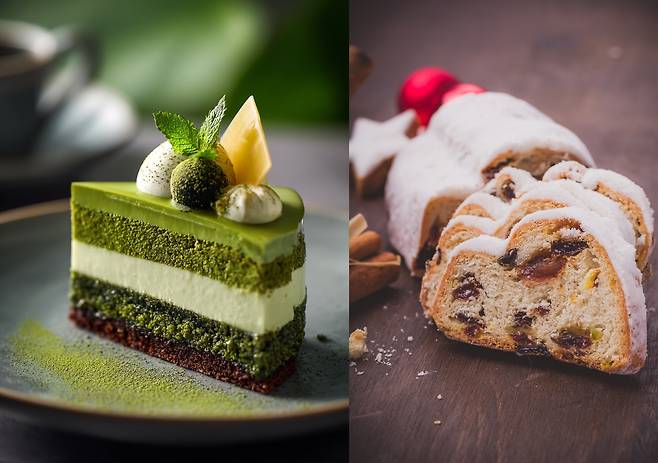 말차 케이크(왼쪽), 슈톨렌 [123RF]