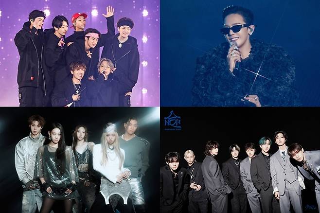 왼쪽부터 시계 방향으로 방탄소년단, 지드래곤, 스트레이 키즈, 올데이 프로젝트. 각 소속사 제공