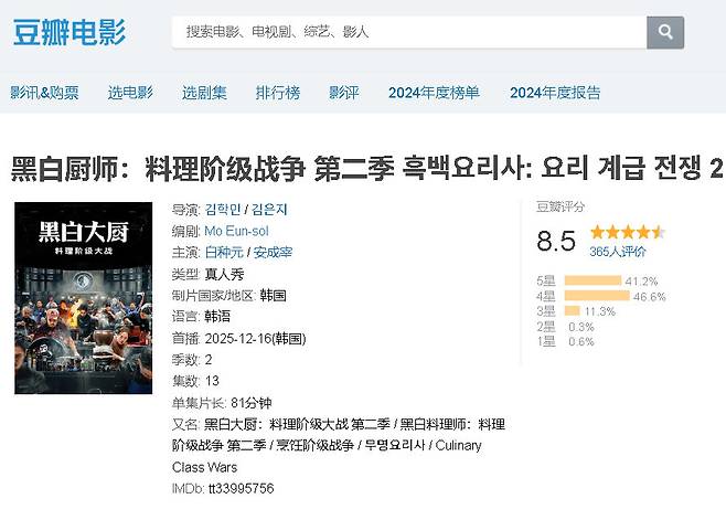 사진 | 중국 최대 리뷰 사이트 더우반 ‘흑백요리사2’ 페이지