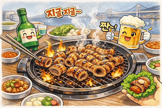 불판 위에서 곰장어 익는 소리와 소주 한 잔 털어놓고 지르는 ‘캬아’의 이중창을 들어보셨는지. 부산으로 가야 할 또 하나의 핑계가 생겼다     AI 이미지
