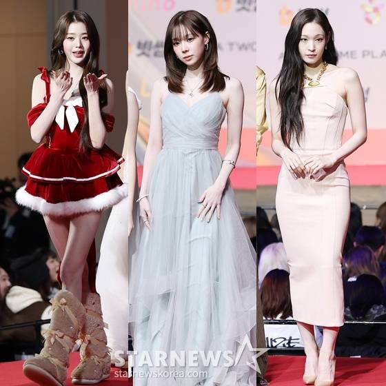 왼쪽부터 장원영, 윈터, 애니가 25일 인천광역시 중구 운서동 인스파이어 아레나에서 열린 SBS 가요대전 레드카펫 행사에 참석해 포즈를 취하고 있다. /2025.12.25 /사진=김휘선 hwijpg@