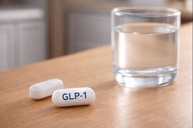 GLP1이라고 적혀있는 알약과 물잔