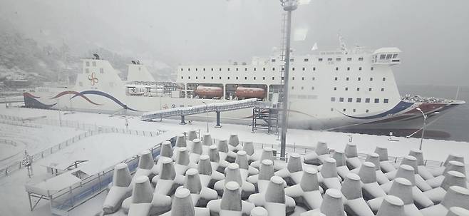 ▲ 울릉크루즈는 기상 악화를 이유로 지난 25일 울릉도를 출발해 포항으로 향할 예정이던 여객선 운항을 전면 취소하고 사동항에 정박 중이다. 사진 독자제공