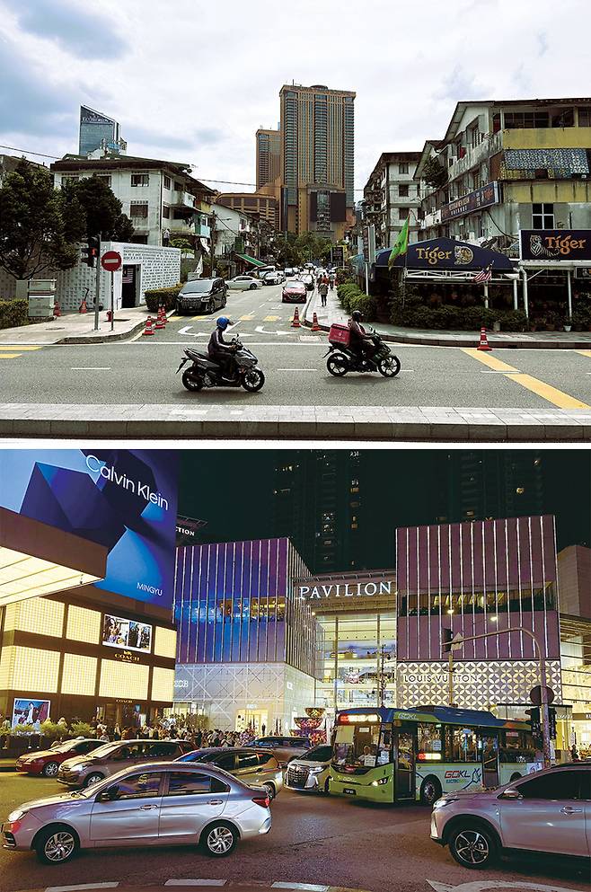 (위)부킷 빈탕 거리의 낮의 풍경 (아래)명품브랜드가 즐비한 쇼핑센터 앞은 항상 차량으로 꽉 막혀 있다.