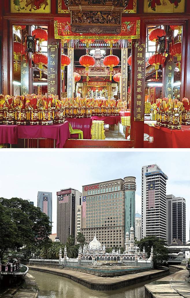 (위)차이나타운에 위치한 1864년 설립된 중국식 도교 사원 (아래)두 개의 강이 만나는 지점인 생명의 강 산책로 풍경