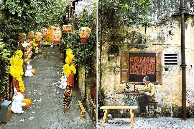 등불과 벽화로 장식된 콰이 차이 홍 거리