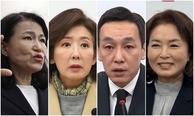 왼쪽부터 이진숙 전 방송통신위원장, 나경원 국민의힘 의원, 김민수 국민의힘 최고위원, 김민전 국민의힘 의원. 각각 연합뉴스, 나 의원 페이스북, 국민의힘티브이(TV) 유튜브, 김 의원 페이스북 갈무리