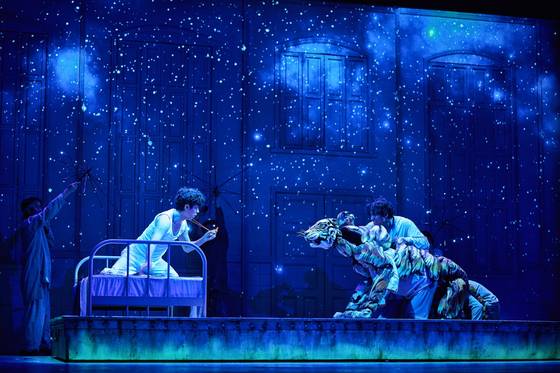 '라이프 오브 파이' 공연 모습. 주인공 파이(박정민)와 퍼핏티어가 연기하는 호랑이 '리처드 파커'의 생존기를 다뤘다. 사진 에스앤코