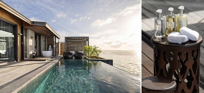 전용 수영장과 살라를 갖춘 모던한 마디푸시 아쿠아 풀빌라와 펜할리곤스 어메니티. 사진=제공|팜투어