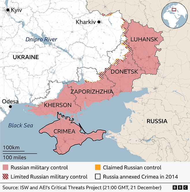 우크라이나 동부에서 러시아군이 통제하거나 제한적으로 통제하고 있는 지역