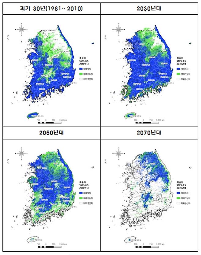 기후변화 따른 복숭아 재배지 변동 예측지도 [농촌진흥청 국립원예특작과학원 제공. 재판매 및 DB 금지]