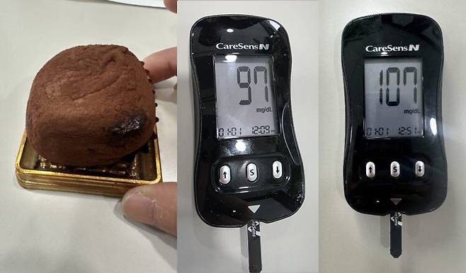 공복일 때 97이던 혈당 수치는 두바이 쫀득쿠키를 먹고 30분 뒤 107로 올랐다. 사진=코메디닷컴