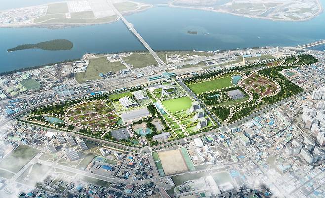 춘천 도시재생혁신지구 구상안. 옛 캠프페이지 일부 용지에 시민공원과 첨단영상산업 클러스터, 대형 복합스튜디오, 컨벤션센터 등을 조성하는 방안이 추진되고 있다.  춘천시