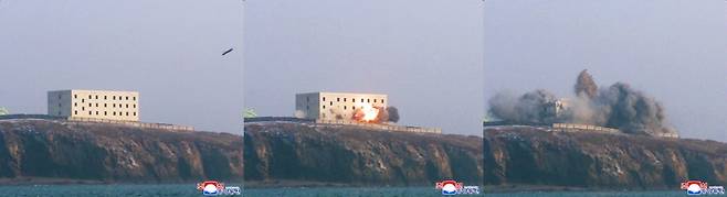 북측 장거리전략순항미사일이 가상목표로 설정된 건물에 접근해 하단부를 타격하는 모습. [조선중앙통신·연합뉴스]