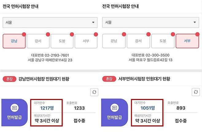 [뉴시스]29일 오후 2시 30분께 강남 운전면허시험장, 서부 운전면허시험장 민원대기 현황. (사진 = 한국도로교통공단 안전운전 통합민원 캡처) *재판매 및 DB 금지