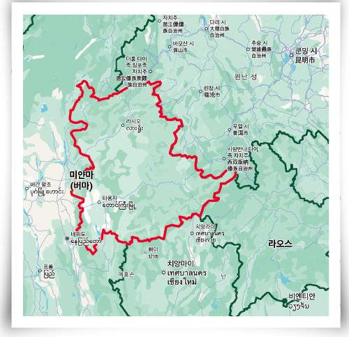 미얀마 북동부에&nbsp;위치한 샨주(州)는 북동쪽으로는 중국, 남쪽으로는 태국과&nbsp;국경을 맞대고 있다. 구글 지도