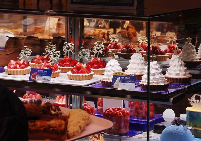 성탄절을 이틀 앞둔 지난 12월 23일 서울의 한 빵집에 크리스마스 케이크가 진열돼 있다. 연합뉴스