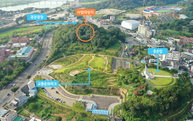 대구 달성군 현풍읍 하동근린공원 전경. 숲으로 둘러싸인 공원 중심부가 친환경 목조전망대 조성 대상지로, 인근에 경관광장과 교통문화파크, 충혼탑 등이 위치해 있다.<달성군 제공>