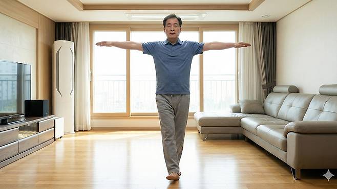 일자로 서기는 '양발 모아 서기'보다 더 세밀한 균형 감각이 필요하다｜출처: Gemini 생성